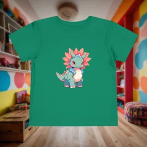 Flat lay of a green toddler t-shirt with a cute baby styracosaurus and bright spiked frill.