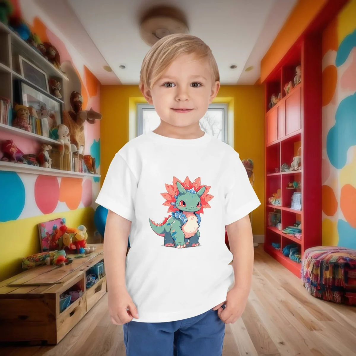 Toddler in a white t-shirt featuring a smiling baby styracosaurus with colorful frill and horn.
