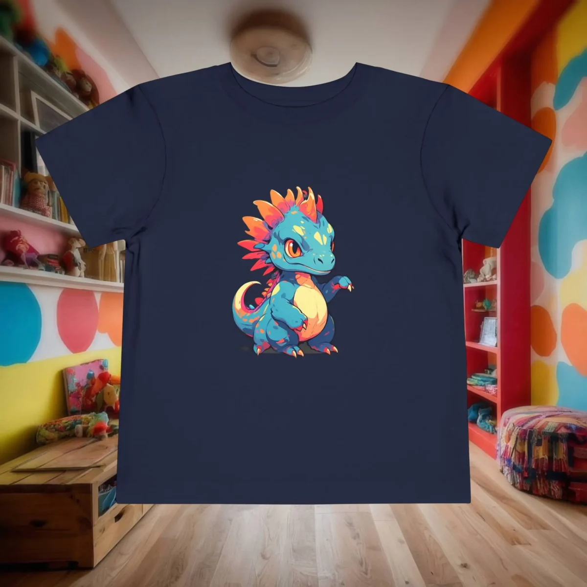 Flat lay of navy toddler t-shirt with vibrant cartoon baby therizinosaurus standing upright with colorful spines.
