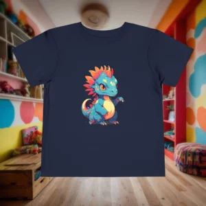 Flat lay of navy toddler t-shirt with vibrant cartoon baby therizinosaurus standing upright with colorful spines.