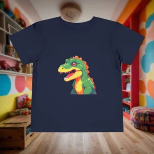 Flat lay of a navy toddler t-shirt featuring a green cartoon baby T-Rex with an orange crest and yellow belly.