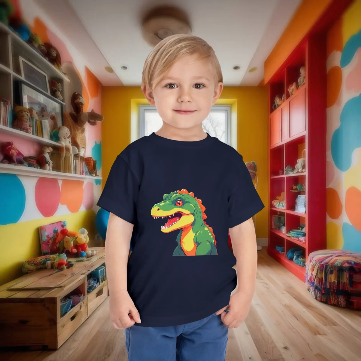 Toddler in a navy t-shirt with a cartoon baby T-Rex dinosaur head in green and yellow tones.