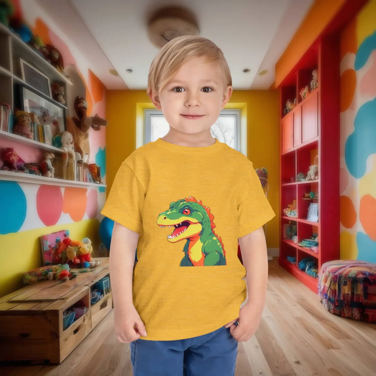 Toddler in a yellow t-shirt featuring a smiling cartoon green T-Rex with orange spines and big eyes.