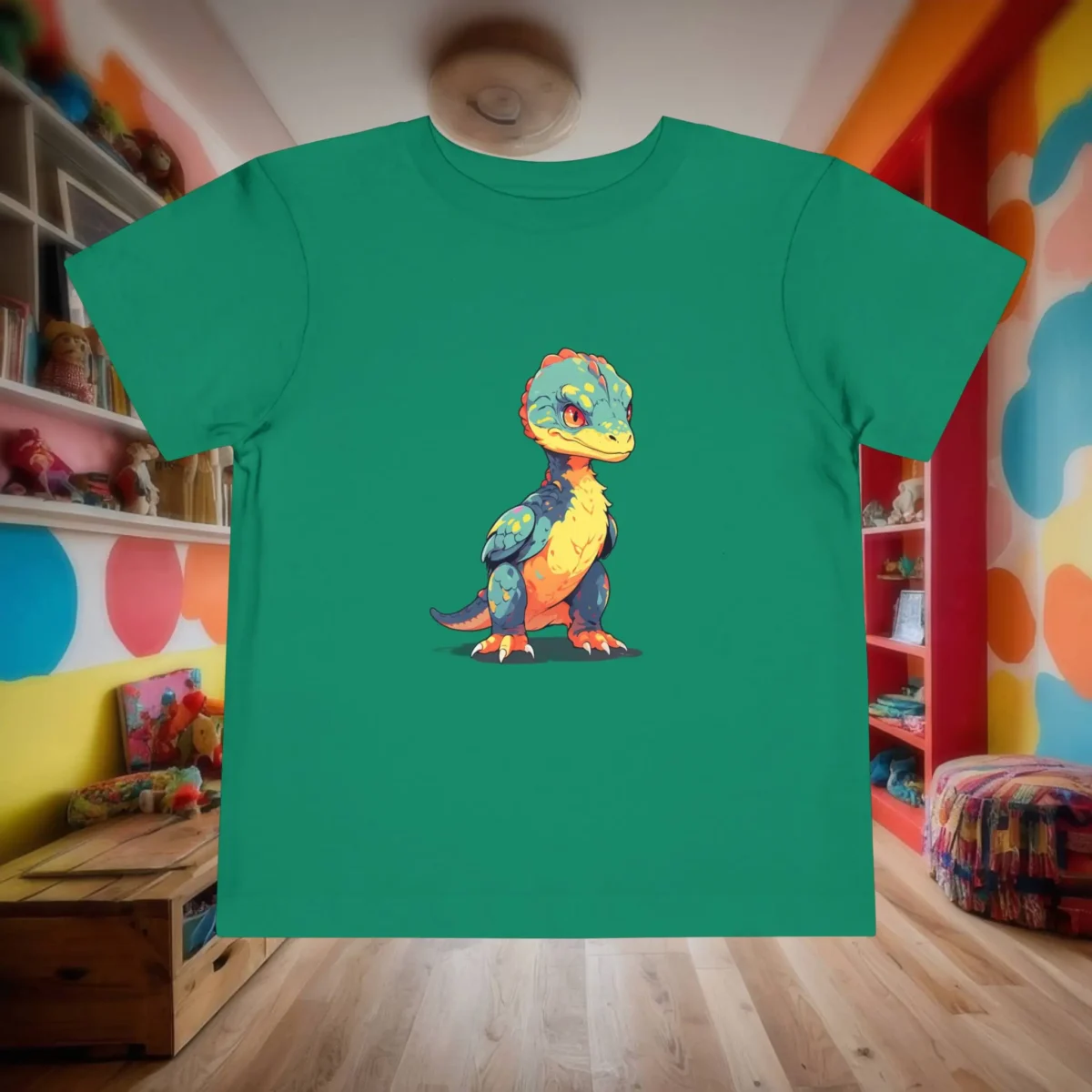 Flat lay of green toddler t-shirt with a cartoon-style baby velociraptor dinosaur in bright colors.