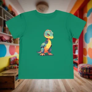 Flat lay of green toddler t-shirt with a cartoon-style baby velociraptor dinosaur in bright colors.