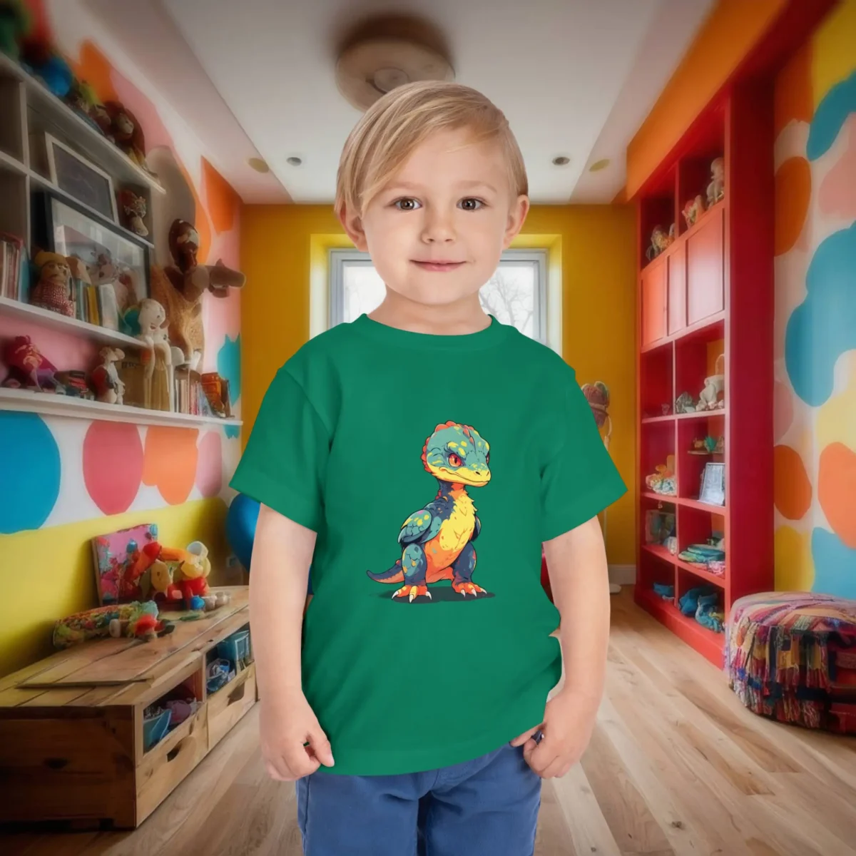Toddler in green t-shirt with a cute baby velociraptor illustration featuring colorful scales.
