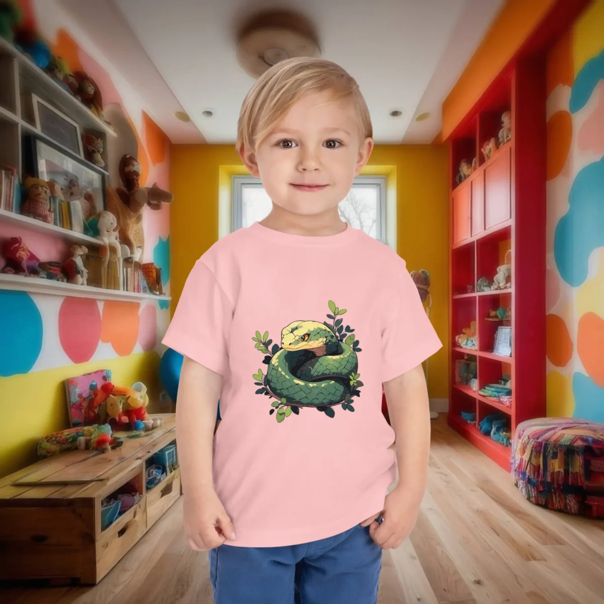 Young child wearing a pink toddler t-shirt with a coiled green snake illustration surrounded by leaves.