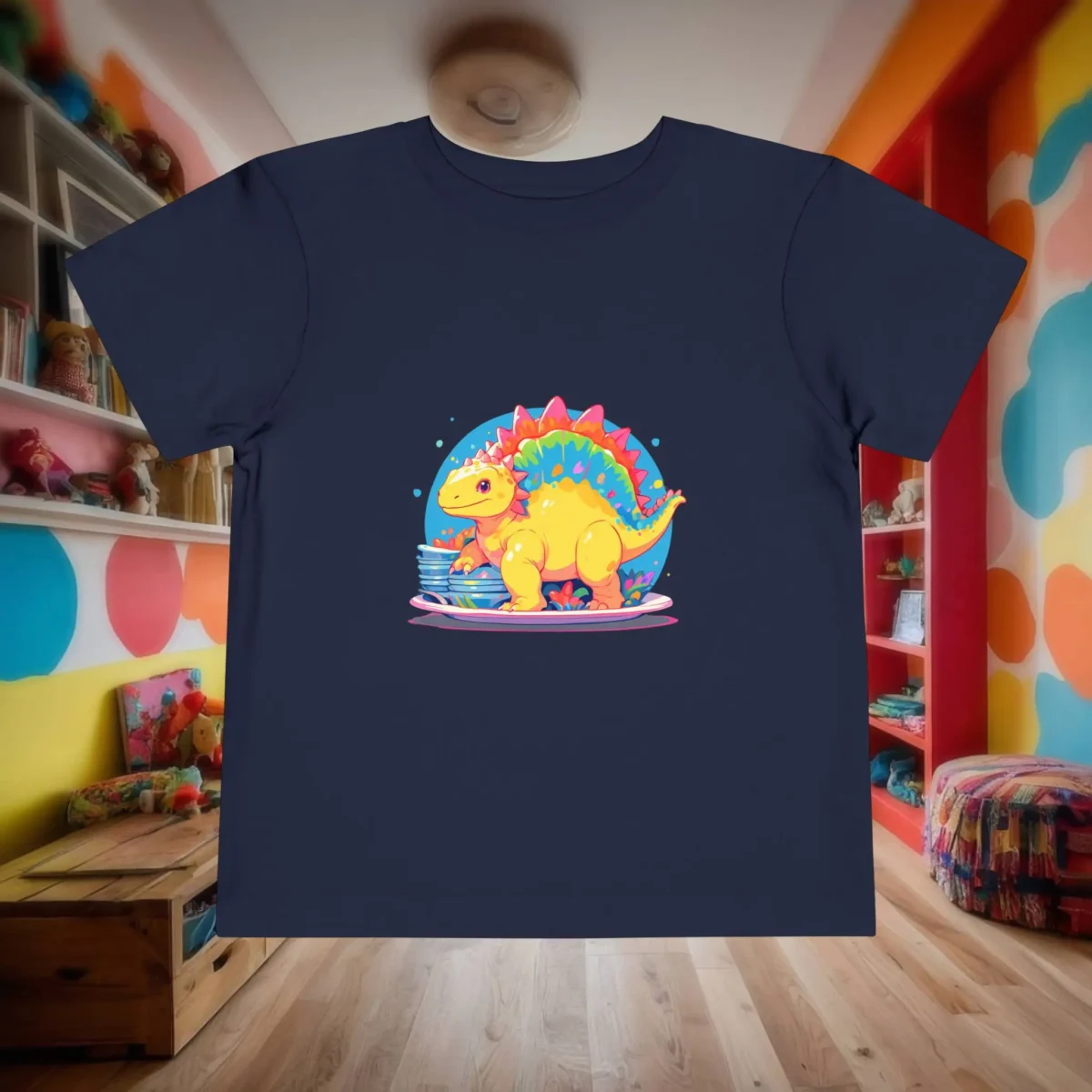 Flat lay of a navy toddler t-shirt featuring a bright cartoon stegosaurus and dishes.
