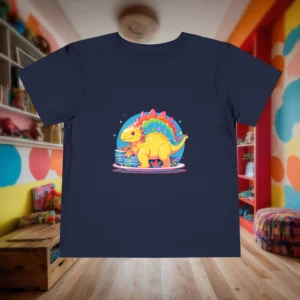Flat lay of a navy toddler t-shirt featuring a bright cartoon stegosaurus and dishes.