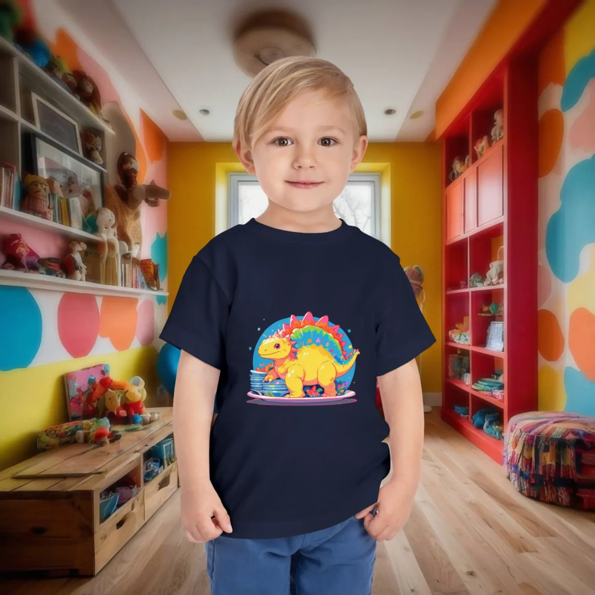 Smiling toddler in a navy t-shirt with a cute yellow stegosaurus cartoon graphic.