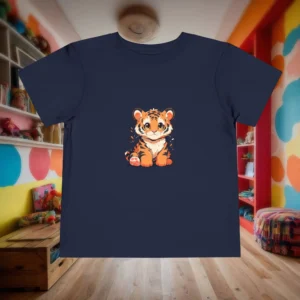 Flat lay of navy toddler t-shirt with a cute baby tiger cartoon sitting happily.