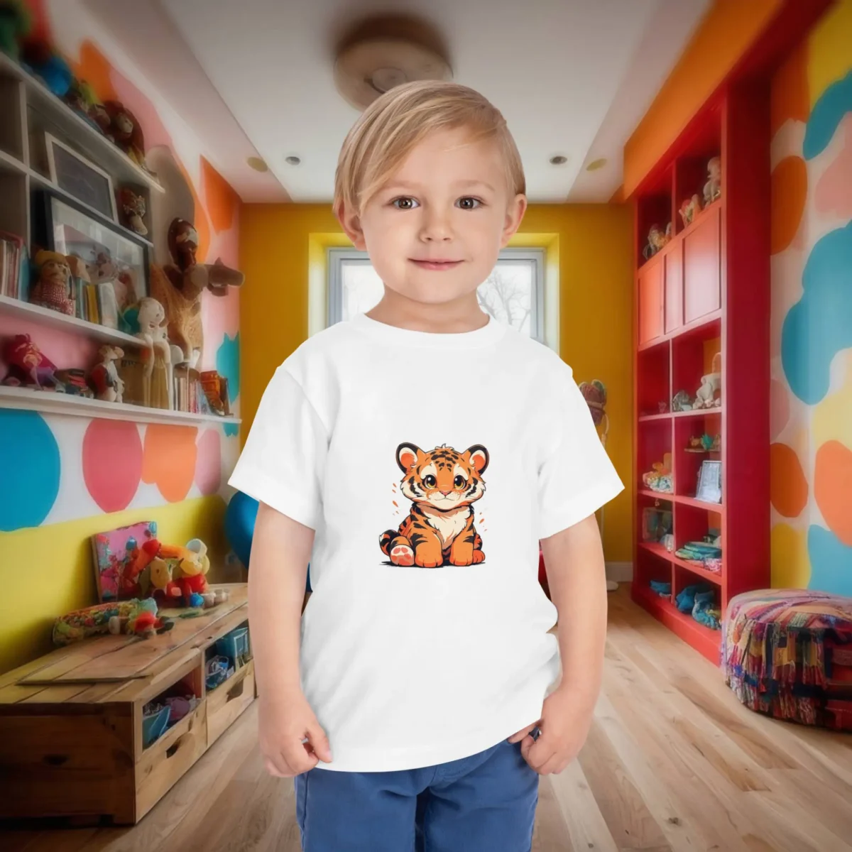 Toddler in a white t-shirt with a colorful cartoon tiger cub illustration.