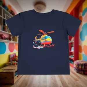 Flat lay of a navy toddler t-shirt with a cartoon-style colorful helicopter in flight.