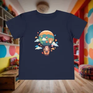 Flat lay of a navy toddler t-shirt with a cartoon hot air balloon carrying animals and floating in the clouds.