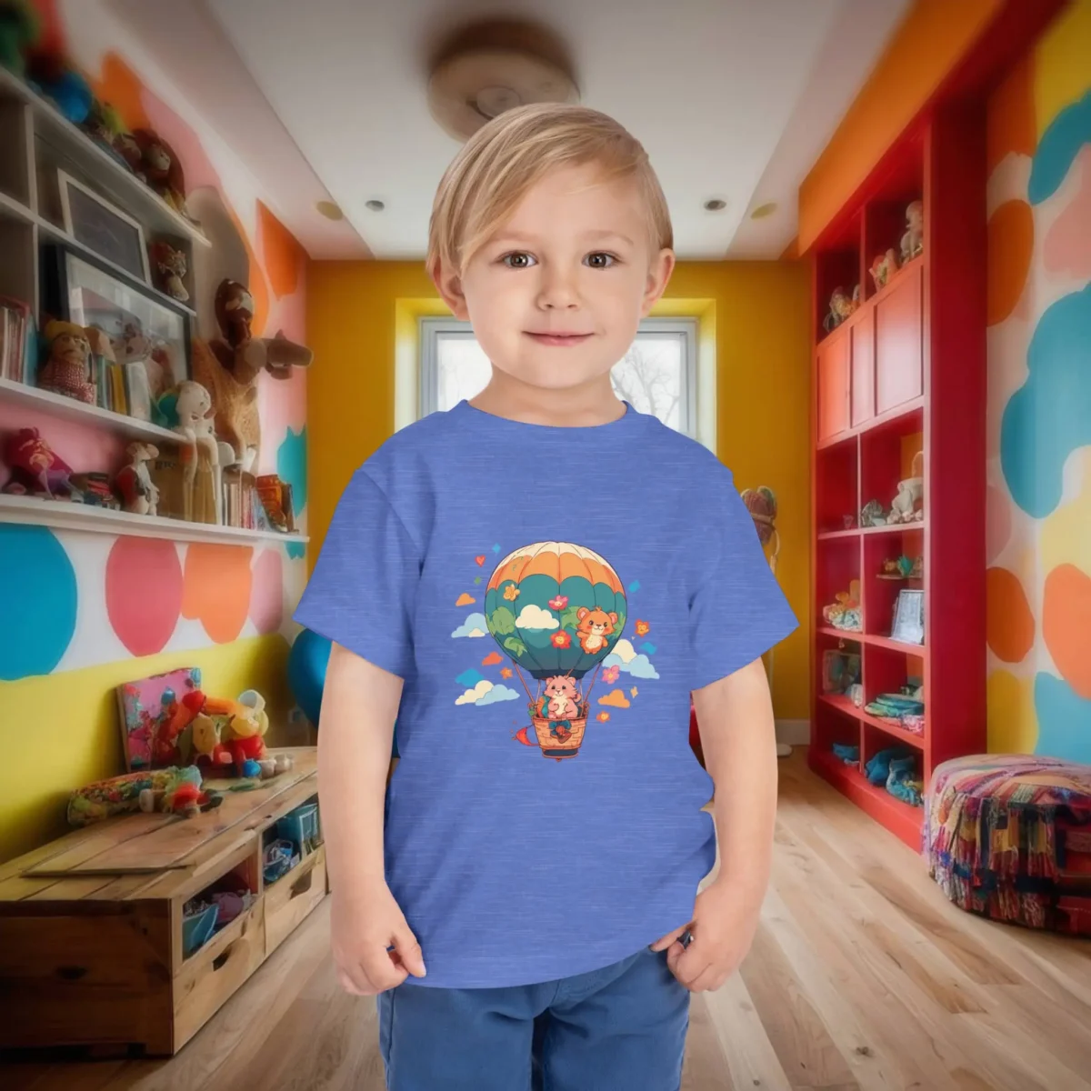 Toddler wearing a heather blue t-shirt with a colorful hot air balloon carrying cartoon animals.