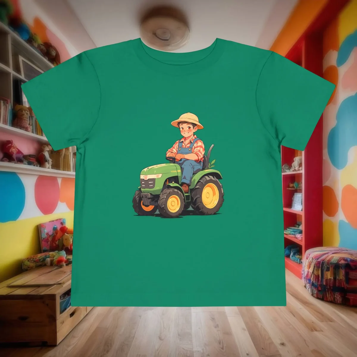 Flat lay of green toddler t-shirt with cartoon farmer and green tractor.