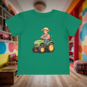 Flat lay of green toddler t-shirt with cartoon farmer and green tractor.