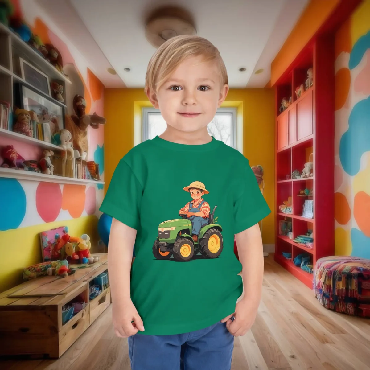 Toddler wearing green t-shirt with animated boy on a green tractor.