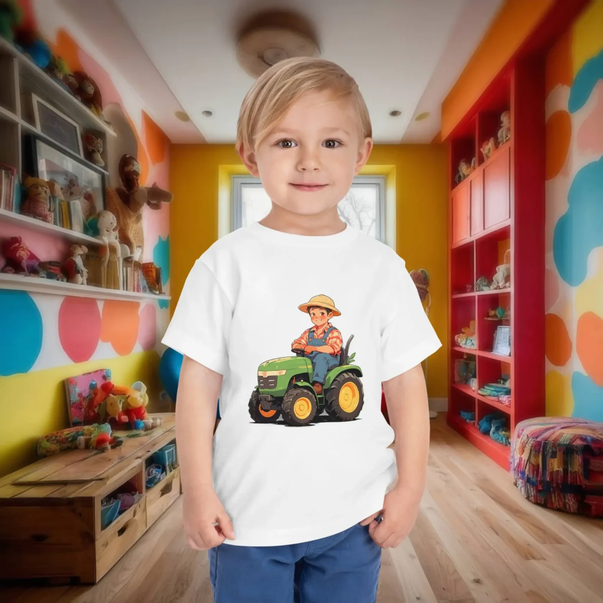 Toddler wearing white t-shirt with cartoon farmer boy driving a green tractor.
