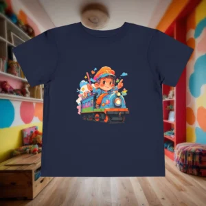 Navy toddler t-shirt with colorful cartoon train and boy conductor graphic