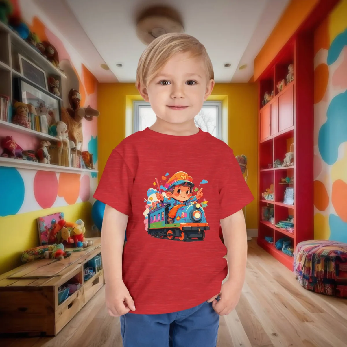 Smiling child wearing red t-shirt with colorful cartoon train design