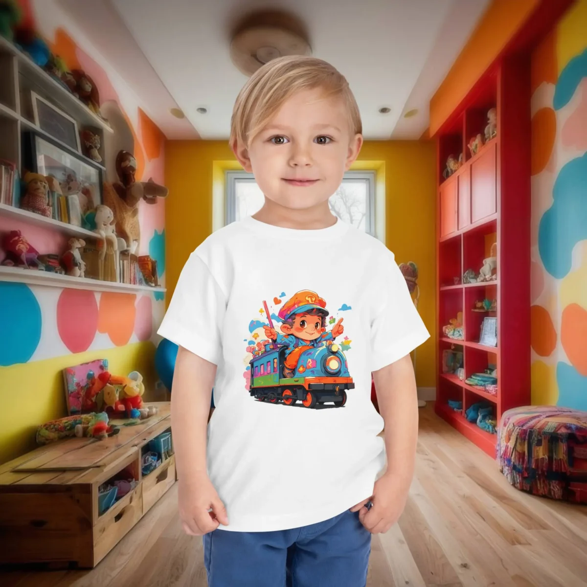 Young boy wearing a white toddler t-shirt with a colorful cartoon train and conductor design, standing in a bright and playful children's room.
