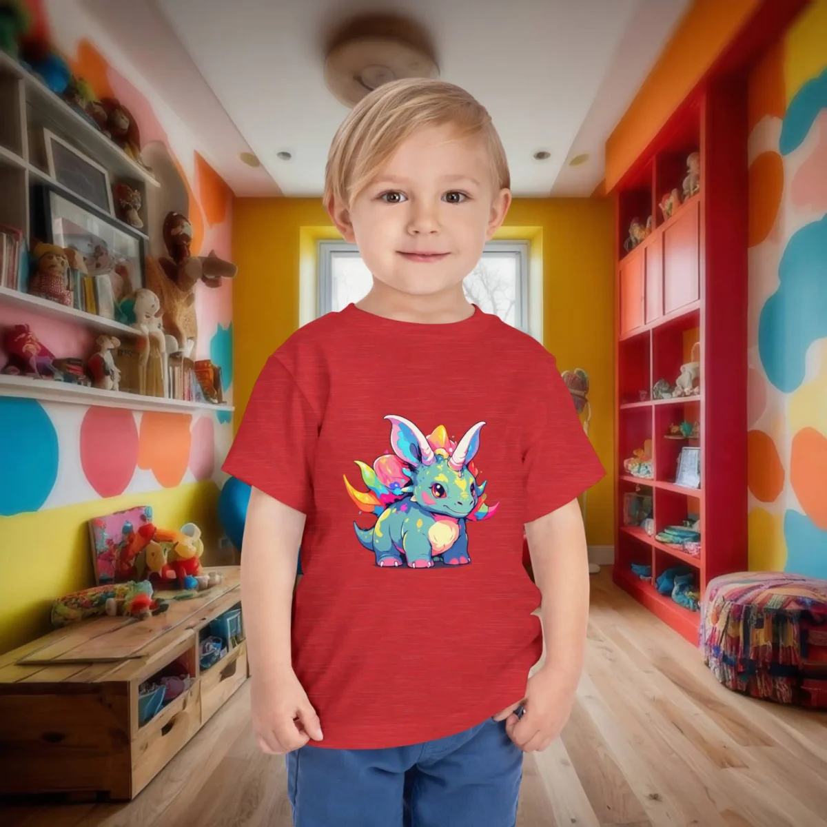 Toddler wearing a red heather t-shirt with a cute rainbow triceratops unicorn graphic.