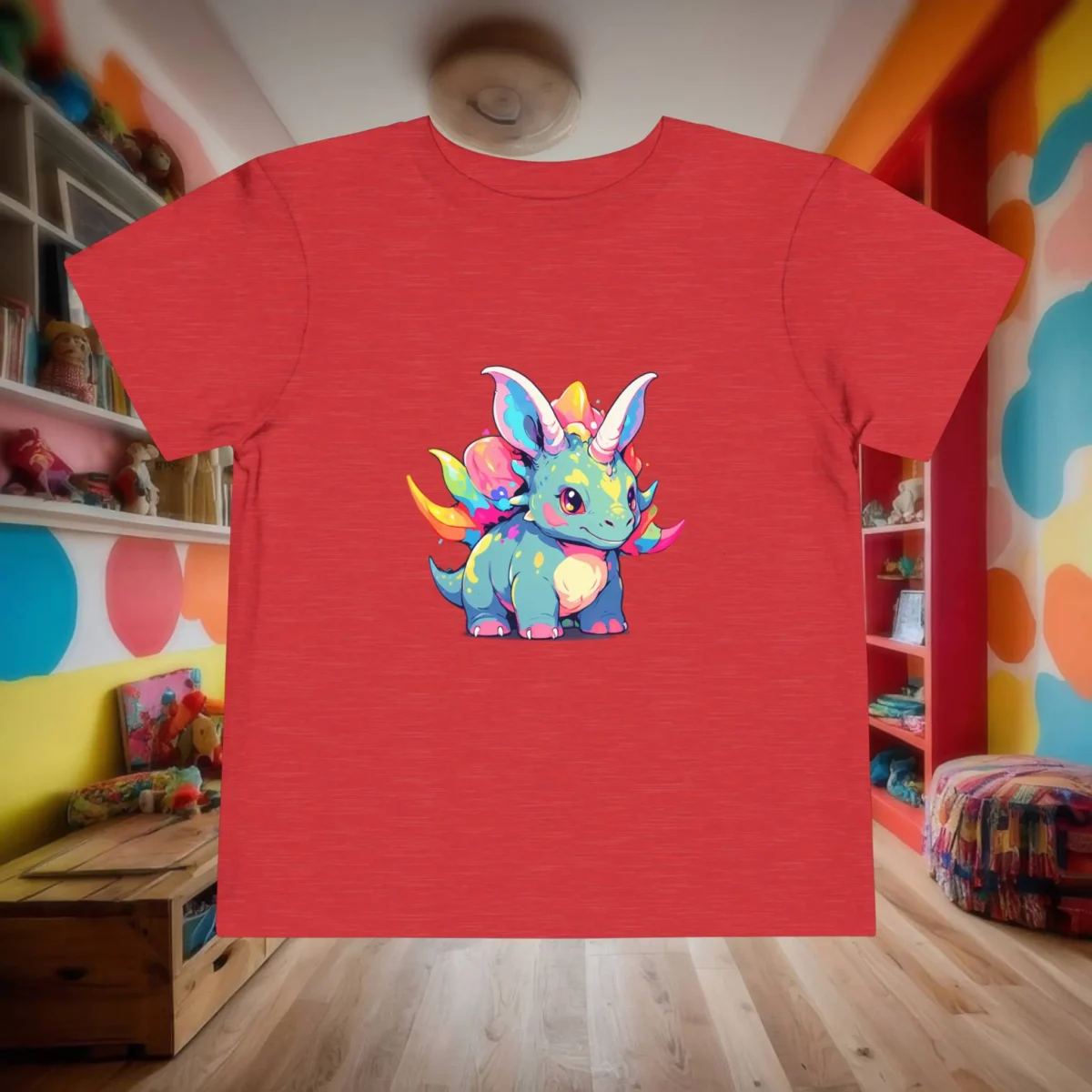Flat lay of red toddler t-shirt with a cute rainbow triceratops unicorn design.