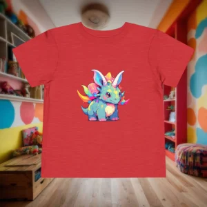 Flat lay of red toddler t-shirt with a cute rainbow triceratops unicorn design.
