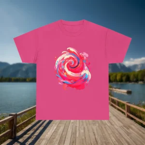 Pink unisex t-shirt with abstract colorful swirl design in the center
