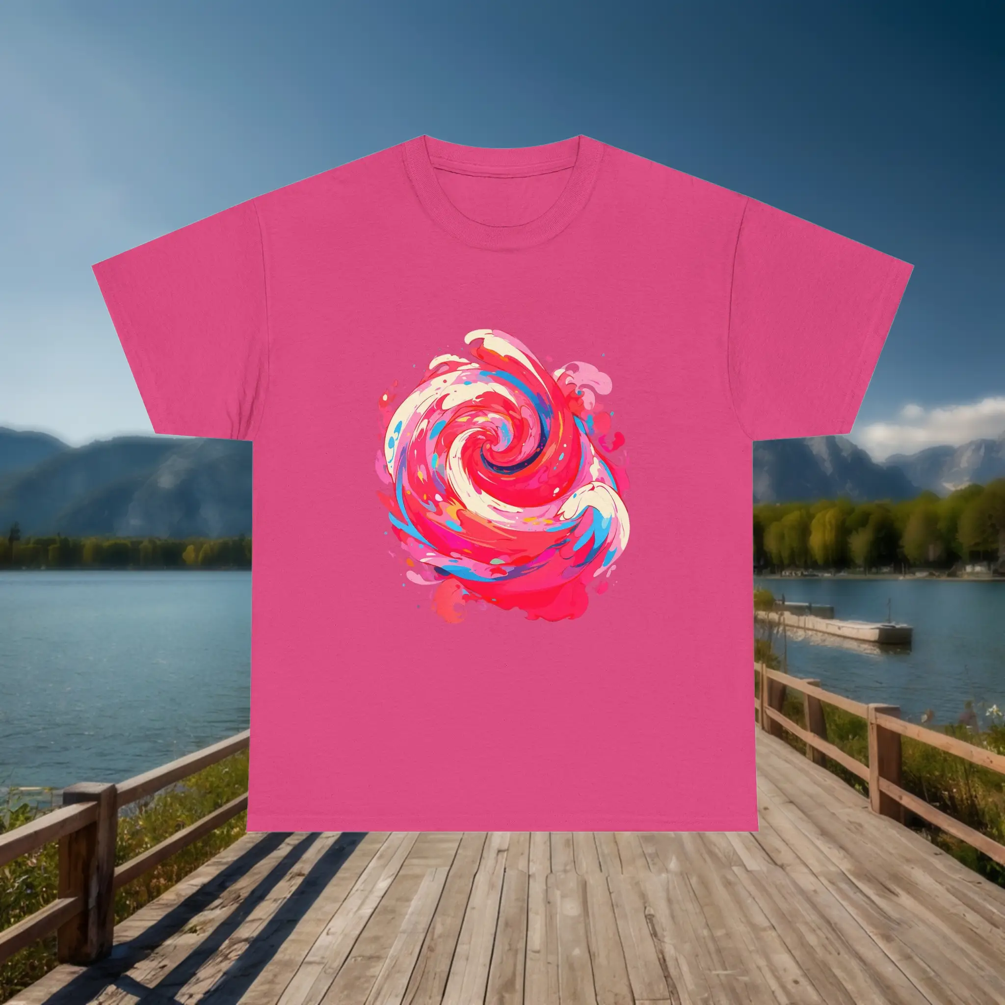 Unisex Pink T-Shirt with Abstract Swirl Design Pink unisex t-shirt with abstract colorful swirl design in the center