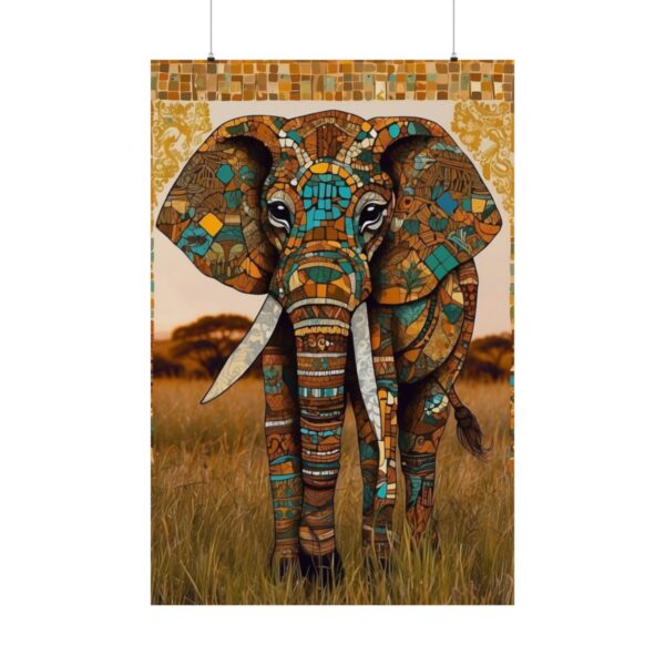 mosaic-style elephant standing in grassy savanna with trees in background