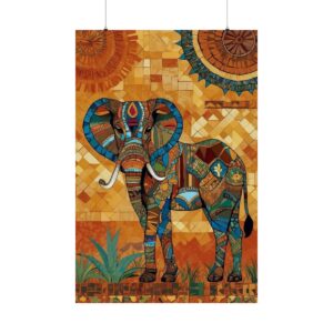 colorful mosaic-style elephant with sun and plants in the background