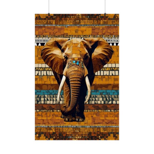 mosaic-style elephant with intricate tribal patterns in background