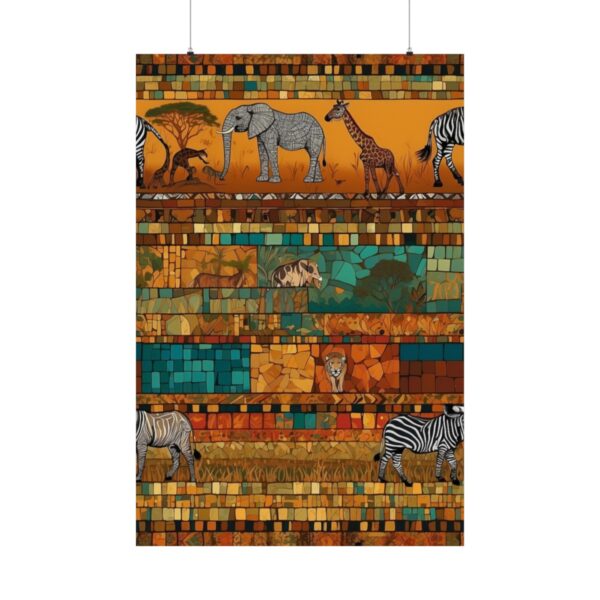 mosaic-style African wildlife featuring elephants, giraffes, zebras, and lions