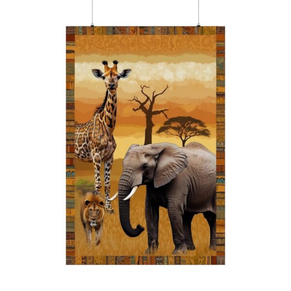 giraffe, elephant, and lion standing in an African savanna with trees in background