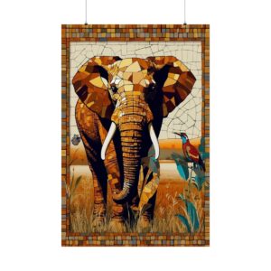 mosaic-style elephant in a savanna with a bird perched on a plant