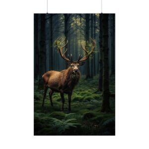 majestic stag with glowing antlers standing in a dense forest