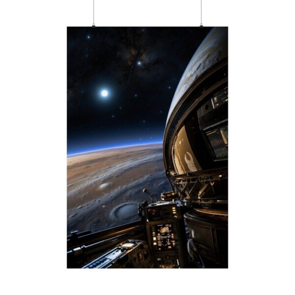 spacecraft view of planet and distant star poster