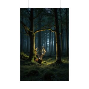 stag with glowing antlers resting in a dark forest under an arch of trees