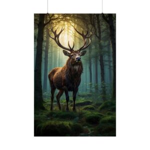 majestic stag standing in a sunlit forest surrounded by trees