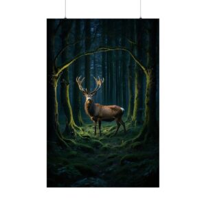 stag standing in a dark forest with trees forming a glowing arch