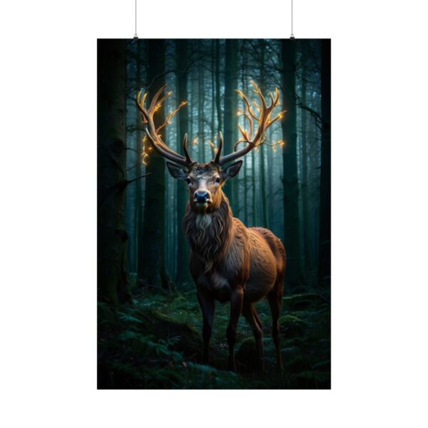 majestic stag with glowing antlers standing in a dark forest