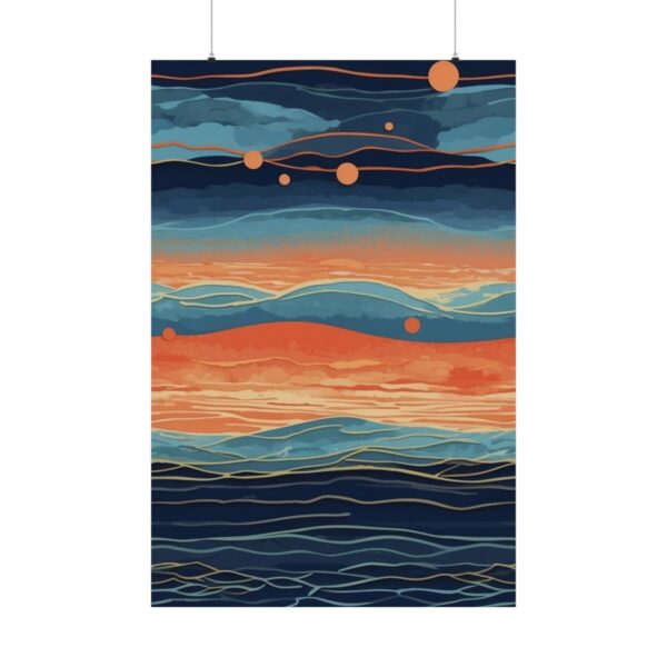 abstract ocean waves with vibrant sunset and floating orbs