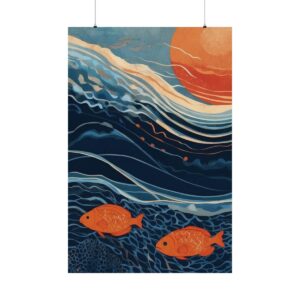 two orange fish swimming under ocean waves with sunset