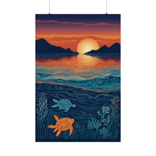 two sea turtles swimming underwater with sunset in background