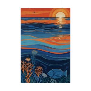 blue fish swimming near coral with sunset over ocean