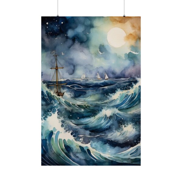 sailboats on rough ocean waves under moonlit sky