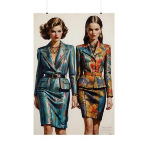 Two women dressed in vintage, colorful tailored suits from a past fashion era