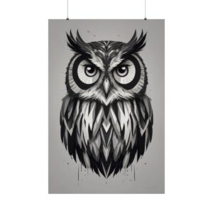 black and white artistic owl illustration with sharp geometric details